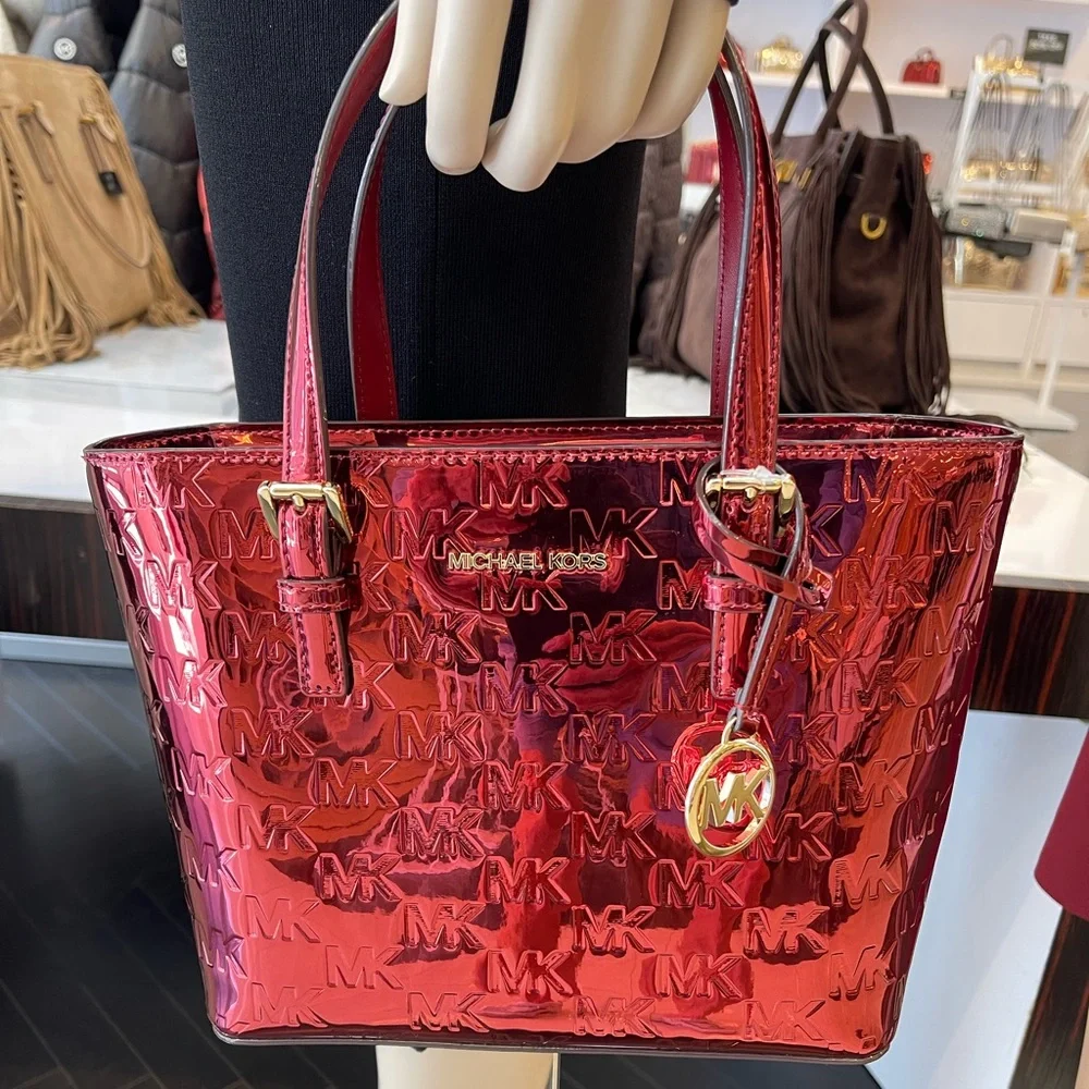 MICHAEL KORS Jet Set Extra-Sm Metallic Logo Debossed Convertible TZ Tote Cherry
